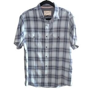Flag & Anthem Button Up Shirt Large Plaid Short Sleeve Blue 100% Cotton